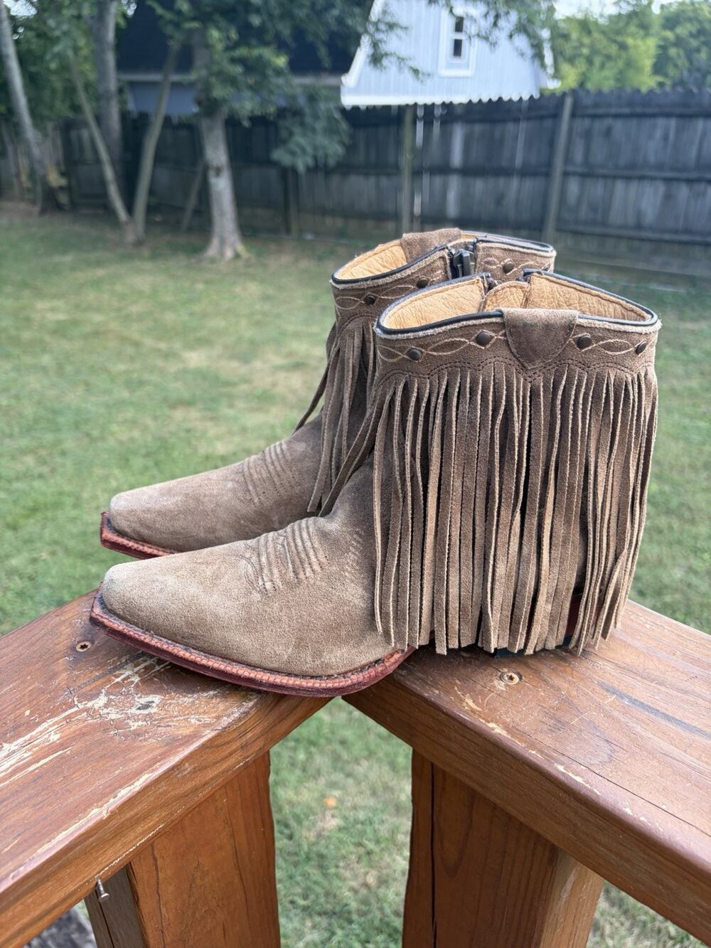 $300 JB Dillon Leather Fringe Ankle Booties Cowboy Western Style Tan Womens 6B